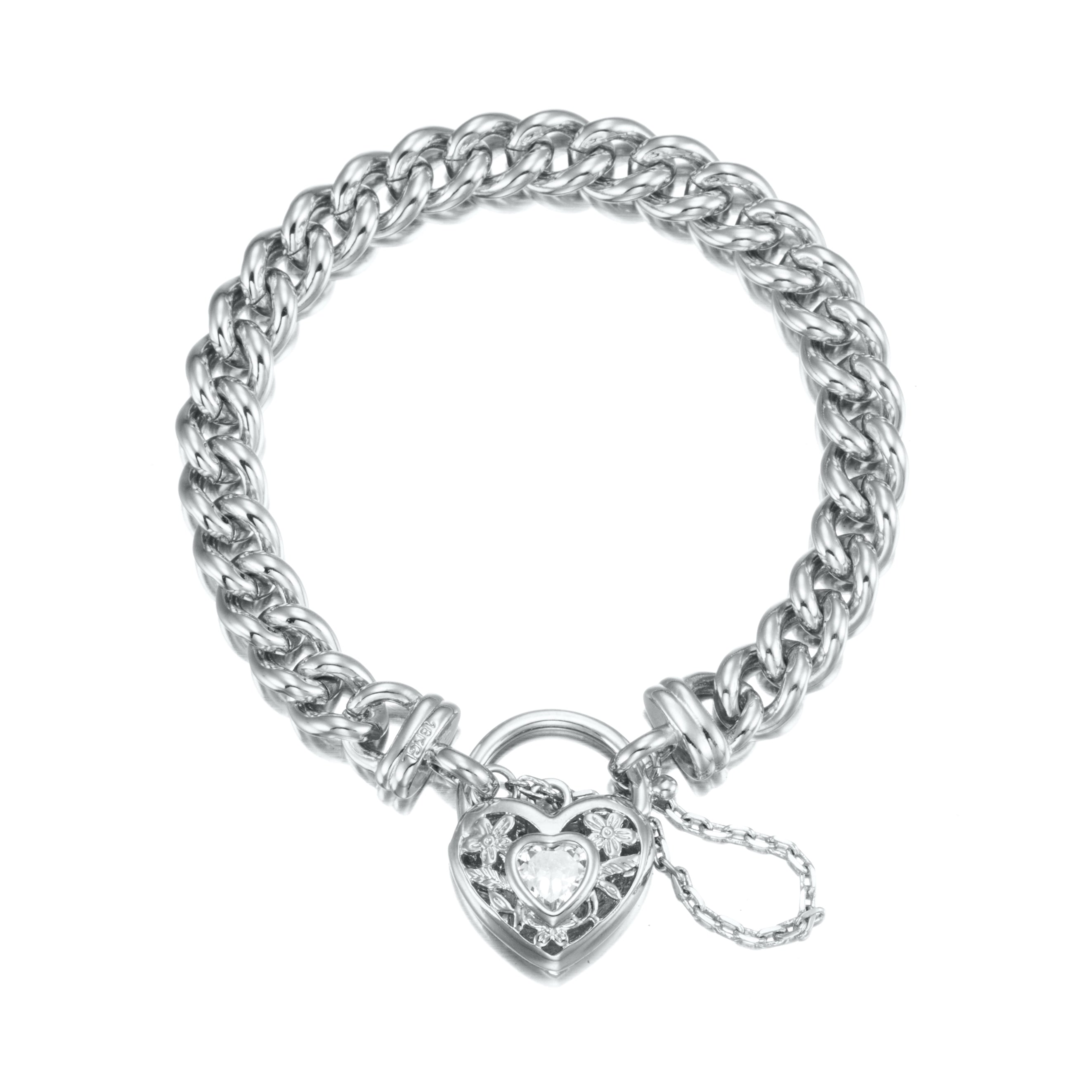 925 Sterling Silver Plated Euro Chain Bracelet with a Filigree Locket Featuring a Simulated Diamond - USA Made-0